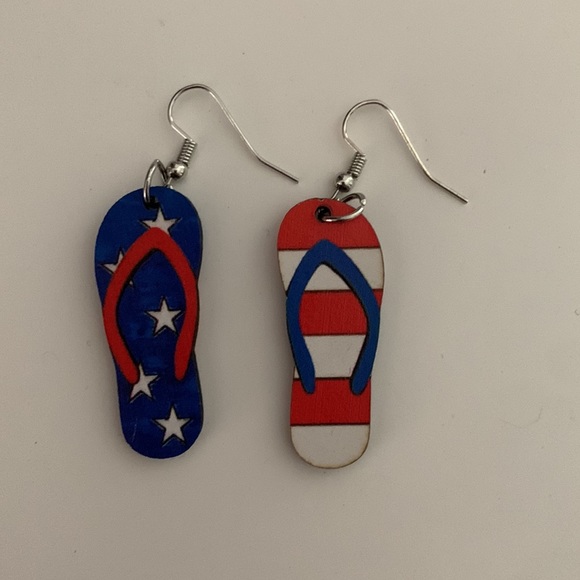 Independence Day Red White and Blue Flip Flop Double Sided Wooden Earrings - Picture 4 of 5